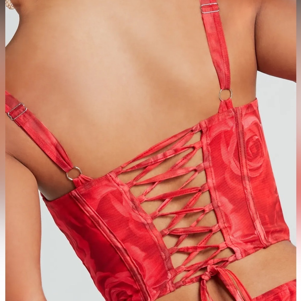 Windsor Red Rose Print Corset Bustier Top XS Lace-Up Back - Picture 5 of 11